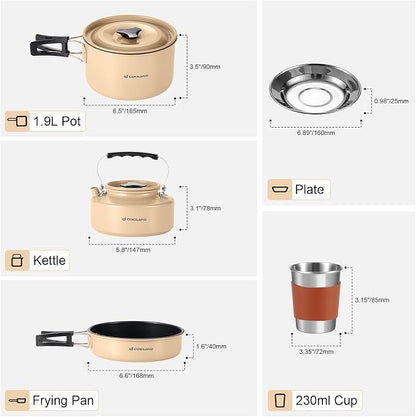 Odoland 15pcs Camping Cookware Mess Kit, 1.9L Pot, for Camping, Backpacking | Anodized aluminum, for hiking, outdoor cooking and picnic, 1.9L pot 0.8L kettle 0.86L pan mess kit, little compact pot set