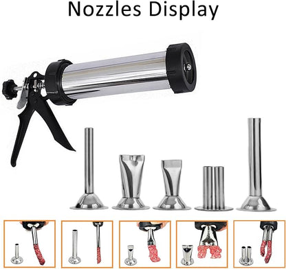 Beef Jerky Gun Kit, Stainless Steel Meat Gun with 5 Nozzles | 304 Stainless Sausage Gun with Easy squeeze Handle, 5 Nozzle Shapes, Dishwasher Safe, Quick Clean, 1.5LB Capacity