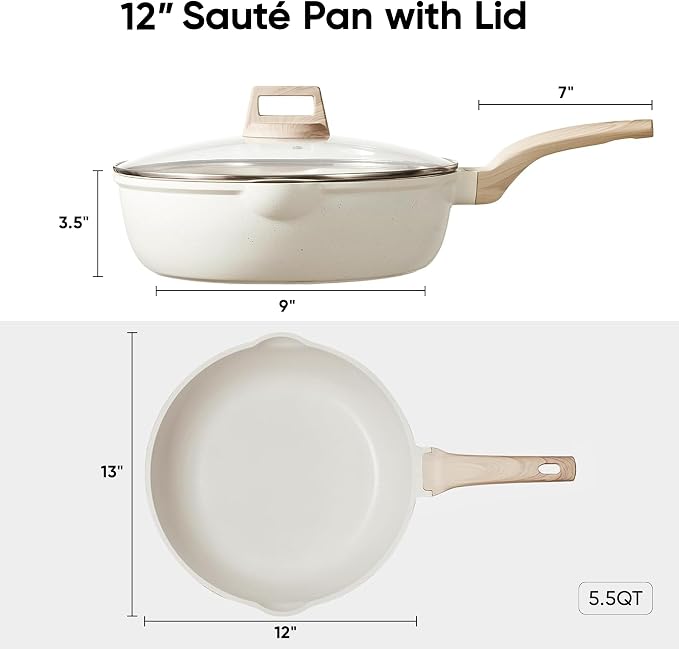 CAROTE 12 Inch Nonstick Deep Frying Pan with Lid, 5.5 Qt White Granite | Kitchen Non-Toxic PFOA Free Cookware, Covered Sauté Pan All Stovetops Compatible, Easy to Clean