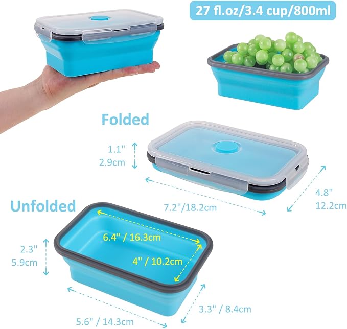 Collapsible Food Storage Containers with Airtight Lid, 27 oz, Kitchen Stacking Silicone Collapsible Meal Prep Container Set for Leftover, Microwave Freezer Dishwasher Safe, 4 Colors, Set of 4