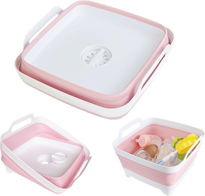 Collapsible Wash Basin for Baby Bottles - 2.4 Gallons Portable Wash Bin for RV Camping Sink, Space-Saving Dish Tub (Pink)