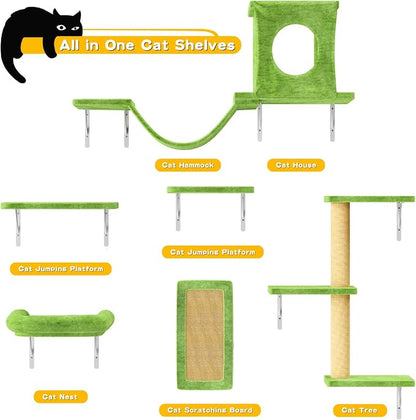 NUNU LAB Wall Mounted Cat Climber Set, 6 Pcs Cat Furniture Set with House, Bridge, Steps, Scratcher Board and Hammock, Shelves for Indoor, Luxury Walls Furniture, Light Green