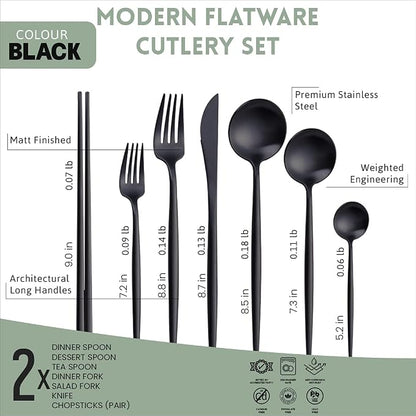 KiiZYs Matte Black Flatware Set - 14-piece Modern Silverware Set Stainless Steel Utensils - Metal Chopsticks Kitchen Cutlery Fork Spoon Knife - Dishwasher Safe House Warming Gift Box (Black, 2 Sets)