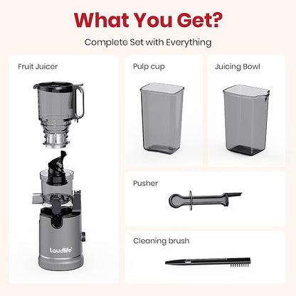 Laudlife Cold Press Juicer with 5.9" Wide Feed Chute, Integrated 100oz Capacity Hopper & Strainer Design, Easy Clean & BPA Free, Slow Masticating Juicer Machines for Whole Fruits Vegetables