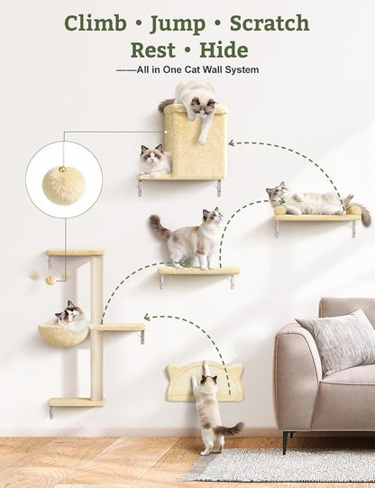 5-in-1 Cat Wall Shelves, Solid Wood Cat Wall Furniture Set for Indoor Cats | 44 lb per Shelf, 72-Hour Load Tested, Pre-Drilled, Fits 16 in. Stud Drywall & Solid Walls, for Small to Medium Cats