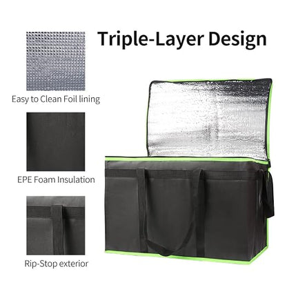 Bodaon 3-Pack Insulated Food Delivery Bag, XXX-Large Meal Grocery Tote Insulation Bag for Hot/Cold Food, Commercial Cooler/Thermal Bags, Large Capacity Reusable Warming Bag, Black with Green Edge