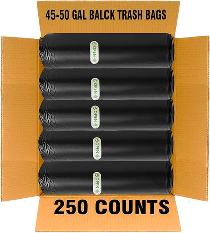 40-45 Gallon Lawn & Leaf Trash Bags, 250 Count Bulk, Black Garbage bags, Multi-purpose Trash Can Bin Liners for Home Commercial, Outdoor, Construction, Industrial