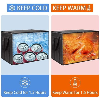 Insulated Food Delivery Bag with Hard Bottom, XXX-Large Insulated Reusable Grocery Cooler/Hot Bags, Tote Bag for Shopping/Travel, Black, 4-Pack