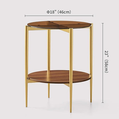 Round Glass End Table, Mid-Century Modern Design Sofa Table for Living Room, D18 x H23, 2-Tier Structure, Amber Glass Top and Walnut Shelf, Sleek Conical Legs with Gold Finish Frame