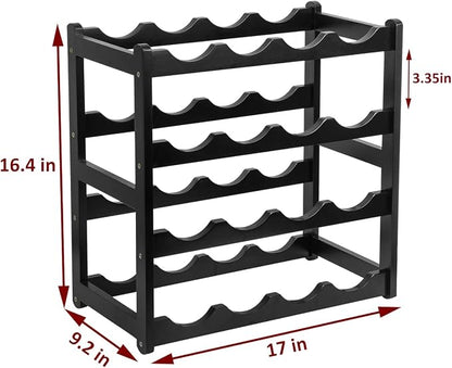 Bamboo Wine Rack, Sturdy and Durable Wine Storage Cabinet Shelf, Wine Racks Countertop for Pantry - 4 Tiers 16 Bottle Wine Rack Black