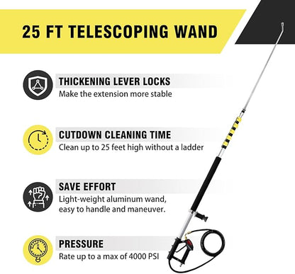 JANZ 25 FT Pressure Washer Telescoping Wand with Power Washer Extension Wands, Brush Head, Gutter Cleaner, 7 Spray Nozzle Tips, 2 Hose Adapters and Support Belt