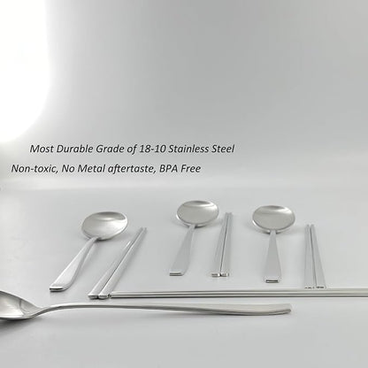 Korean Made Stainless Steel Silver Utensil Flatware Cutlery Korean Chopsticks and Spoons 4SET Gift for Mom, Stocking Stuffer