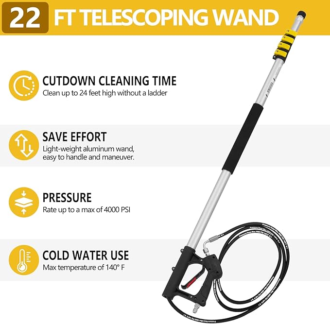 22 FT Telescoping Pressure Washer Wand with Power Washer Extension Wand, Gutter Cleaner Attachment, 5 Spray Nozzle Tips and 2 Hose Inlet Adapters