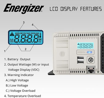 Energizer 3000W Pure Sine Wave Inverter 12V DC to 120V AC Converter for RV, Truck, Off-Grid Solar Power Inverter 12V to 110V W/QC 3.0A Each USB Port, AC Hardwire Port, Remote Cables Fuse Included
