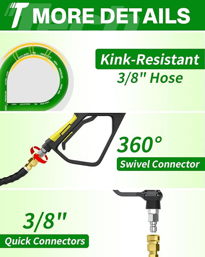 Pressure Washer Hose 150FT 3/8" for Cold and Hot Water 212°F, with Swivel Quick Connect, 4500PSI Kink Resistant Grade Steel Wire Braided, Power Washer Hose With 2pcs M22-14mm Adapter