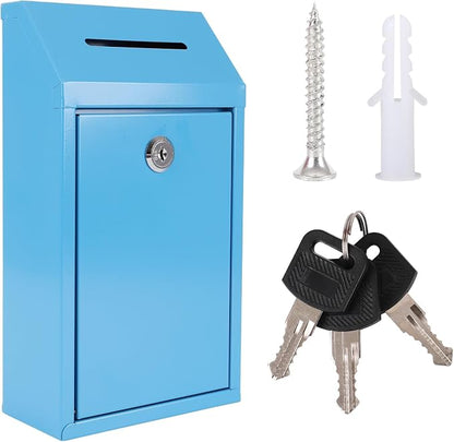 Metal Donation Box with Lock Ballot Box Drop Box with Lock Suggestion Box with Slot and Locks Metal Locks Box Comment Box Voting Box Key Drop Box for Home Office(Blue,10.24 x 5.71 x 2.95 Inch)