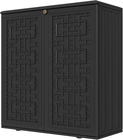 KINYING Outdoor Storage Cabinet Waterproof, Resin 60 Gallon Deck Box for Patio Furniture Cushions, Garden Tools, Pool Tools and Kids’ Toys (Black with 1 Shelving)