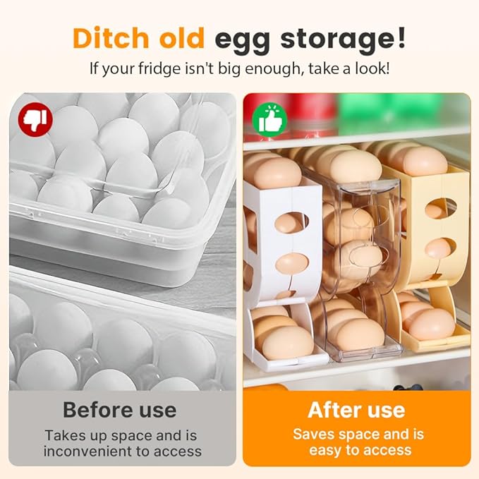 Auto Rolling Egg Holder for Fridge, 4-Tier Egg Dispenser Organizer Holds 28 Eggs, No Assembly Space-Saving Egg Storage Rack for Refrigerator & Countertop (Yellow)