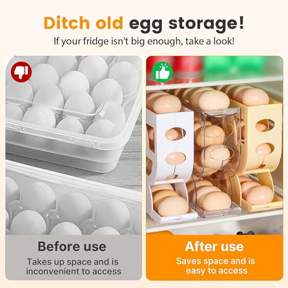 Auto Rolling Egg Holder for Fridge, 4-Tier Egg Dispenser Organizer Holds 28 Eggs, No Assembly Space-Saving Egg Storage Rack for Refrigerator & Countertop (Yellow)