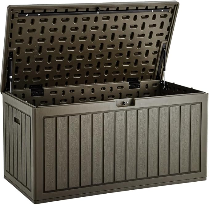 YITAHOME 90 Gallon Large Deck Box, Double-Wall Resin Outdoor Storage Boxes, Deck Storage for Patio Furniture, Cushions, Pool Float, Garden Tools, Lockable & Waterproof (Light Brown)