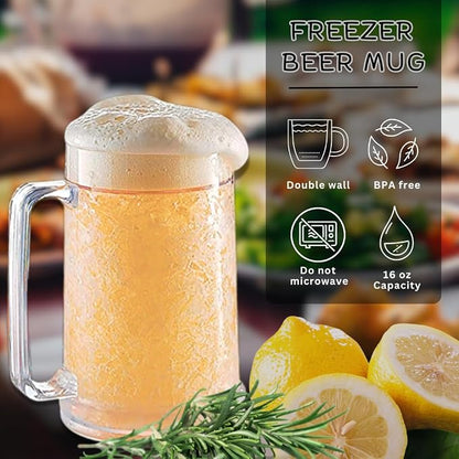 luxail Beer Mugs For Freezer, Double Wall Insulated Plastic Beer Glasses – Freezer Mugs, 16 oz – Perfect Frozen Beer Mugs for Home Bar Accessories, Gifts for Men, 2 Pack