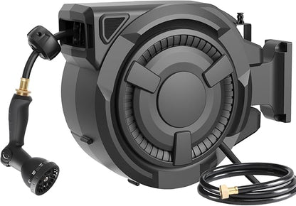 Retractable Garden Hose Reel 1/2 in x 100 ft, Heavy Duty Wall Mounted Hose Reel with 10- Function Sprayer Nozzle, Any Length Lock/Automatic Slow Return System/180°Swivel Bracket/UV Resistant (Black)