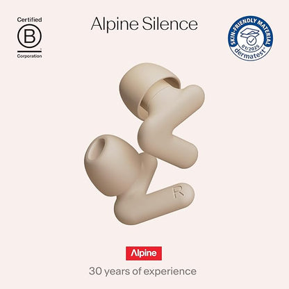 Alpine Silence Earplugs for Sleep, Focus & Travel - V-Shape Snug Fit & Soft Oval Tips – 4 Sizes XS/S/M/L - Comfortable, Reusable Hearing Protection - SNR 22dB & NRR 16 Noise Reduction – Beige