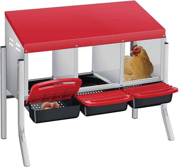 Chicken Nesting Boxes, Metal Rollaway Chicken Nest Box with Rollout Egg Collection, Removable Tray & Nesting Pads, Egg Laying Box for Chicken Coop Hens, Wall Mount or Standing, 3 Compartments, Red