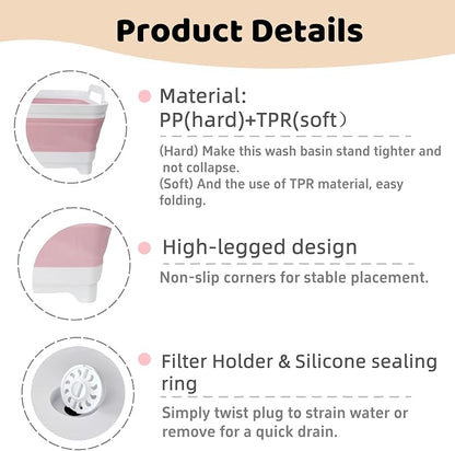 Collapsible Wash Basin for Baby Bottles - 2.4 Gallons Portable Wash Bin for RV Camping Sink, Space-Saving Dish Tub (Pink)