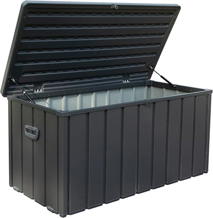 LANTRO JS Deck Box 100 Gallon, Patio Storage Cabinet, Waterproof Outdoor Storage, Resin Lid Metal Patio Storage Bin with Lockable, Dark Gray