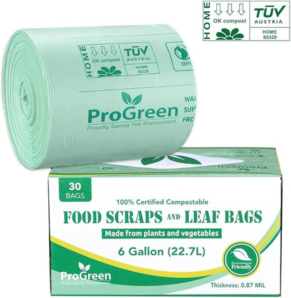 ProGreen Compostable Trash Bags, Extra Thick, Compost Kitchen Bin Bags, Food Scraps Yard Waste Bags, ASTM D6400 BPI and TÜV AUSTRIA Certified (6 Gallon, Pack of 30)