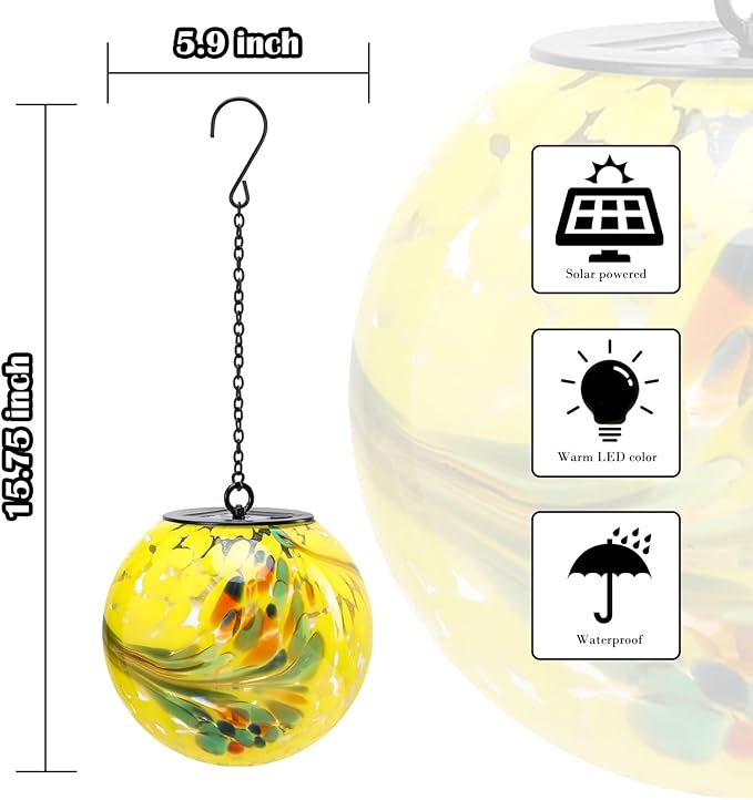 Solar Hanging Lanterns Outdoor Solar Glaze Glass Lantern Gazing Ball Globe Hanging Outdoor Lights for Garden Yard Home Decoration Yellow