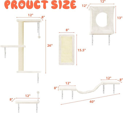 NUNU LAB Cat Wall Shelves Set, 5 Pcs Wall-Mounted Cat Climber with Cat House, Bridge, Scratching Post, Hammock, Wall Shelves, Beige