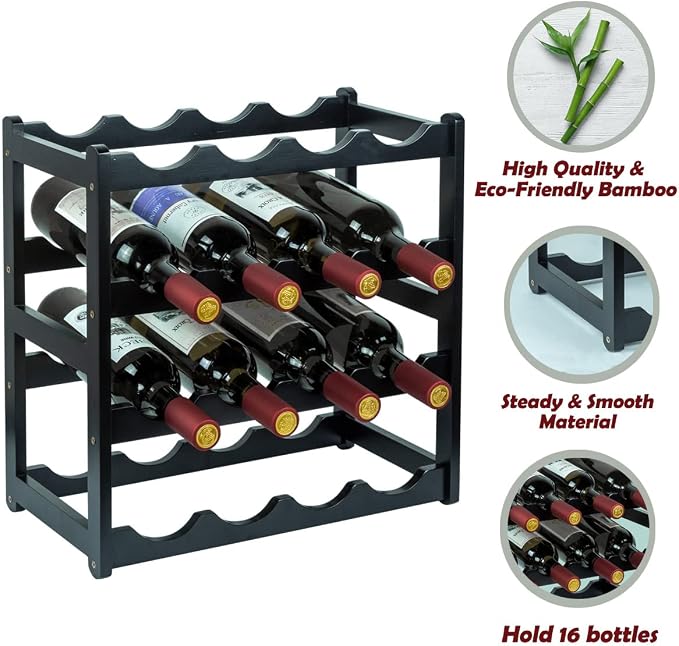 Bamboo Wine Rack, Sturdy and Durable Wine Storage Cabinet Shelf, Wine Racks Countertop for Pantry - 4 Tiers 16 Bottle Wine Rack Black