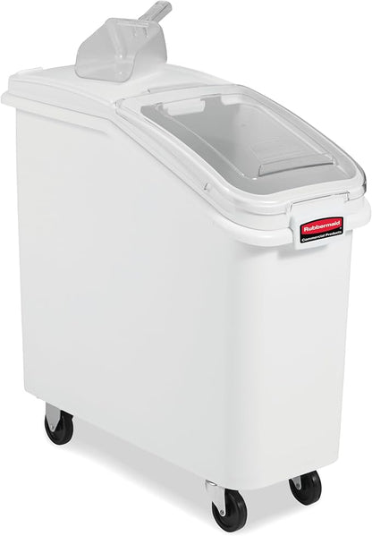 Rubbermaid Commercial Products ProSave Shelf-Storage Ingredient Bin With Scoop 400-Cup Capacity Plastic White Sliding Lid Container with Wheels for Kitchen/Restaurant/Food Organization