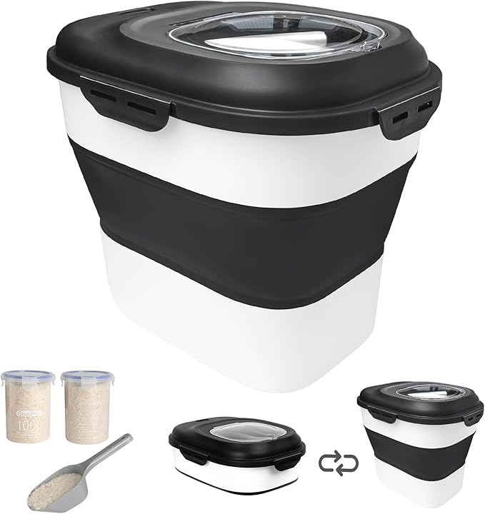 20-50 Lbs Food Storage Containers,Collapsible Rice Container with Wheel Airtight Locking Lid,Flour Storage Container with Small Food Container and Scoop,Suitable for Food,Rice,Pet Food,Flour