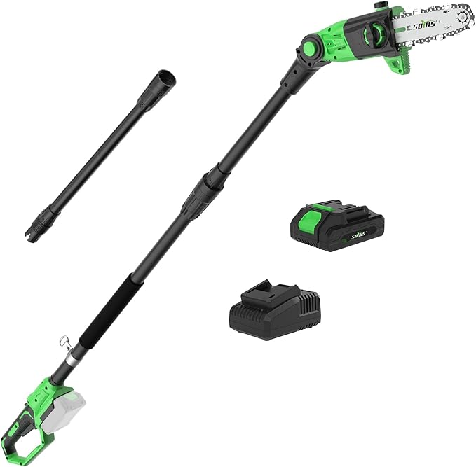 SOYUS Pole Saw 8-Inch Cordless, 15-Foot Max Reach Electric Pole Saw for Tree Trimming, 16ft/s Speed, Auto Oiling, Multi-Angle Pole Chainsaw with 2.0Ah Battery & Charger