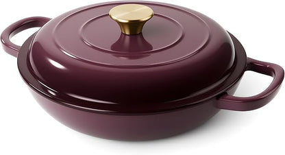 Vintage Style 3 Quart Enameled Cast Iron Braiser, Non Stick Enameled Cast Iron Skillet with Lid, Dutch Oven Skillet with lid up to 500°F for Oven, Stove, Grill, Shallow Dutch Oven for Cook, Bake (Fig)