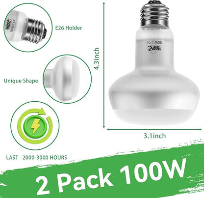 LUCKY HERP Intense Heat Lamp Bulbs for Reptiles 100W 2 Pack, UVA Daylight Reptile Heat Lamp, Reptile Basking Heat Light Bulb for Amphibian, Tortoise, Bearded Dragon, Lizard, Turtle, Snake Heating Use