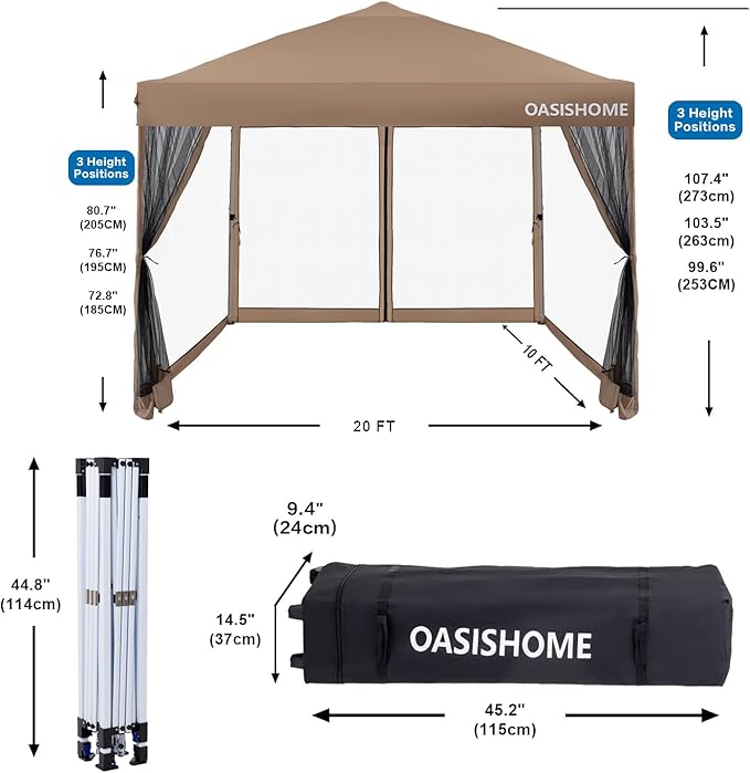 OASISHOME 10'x10' Pop-Up Gazebo Canopy Tent with Netting Sidewalls & Wheeled Bag,Weight Bag, Stakes, Ropes, Waterproof, UV Protection, Heavy-Duty Steel Frame for Backyard/Outdoor/Parties (Khaki)