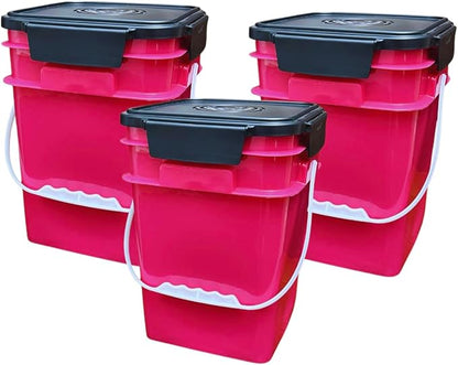 House Naturals 4 Gallon Square Food Grade Bucket Pail with Plastic Handles and Lid (Pack of 3) Made in USA containers (Magenta - Black lids)