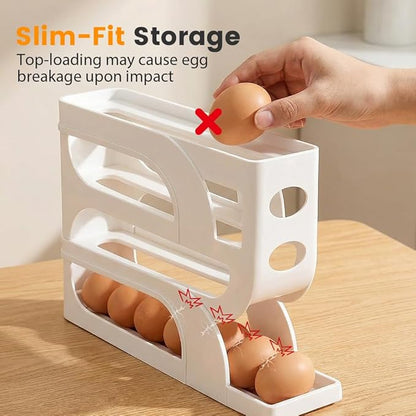Auto Rolling Egg Holder for Fridge, 4-Tier Egg Dispenser Organizer Holds 28 Eggs, No Assembly Space-Saving Egg Storage Rack for Refrigerator & Countertop (Yellow)