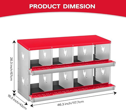 Nesting Boxes for Chickens, 8 Compartments, Nesting Boxes with 4 Dummy Eggs and 10 Dampproof Pets Mats, Red, Stainless Steel, Wall-Mountable & Roll Away Design