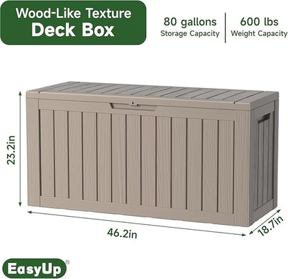 EasyUp 80 Gallon Outdoor Storage Box Waterproof, UV Resistant Resin Deck Box with Hydraulic Rod, Reinforced Stability for Patio, Garden, Striped Gray