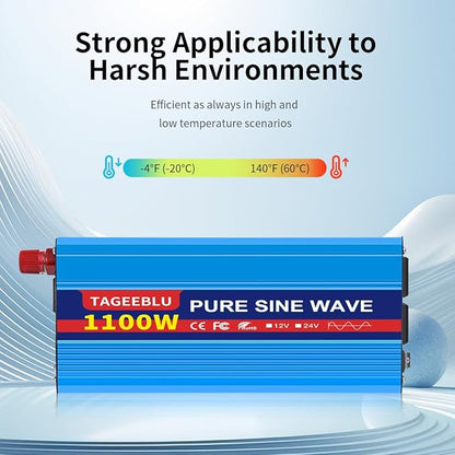 1100 Watt Pure Sine Wave Inverter, Solar Power Inverter, 12V DC to 110V AC Converter for RV, Home, Truck, Coffee Maker, Washer, TV, Fridge, Solar Power Pack with 2 AC Outlets and LCD Display