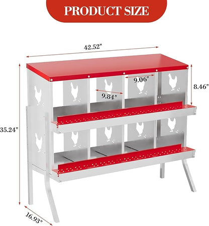 Chicken Nest Box, 8-Compartment Egg-Laying Box, Metal Hen House, Convenient for Collecting Eggs - Ventilated Poultry House Equipment - Suitable for Hens, Ducks Red, Without Stand