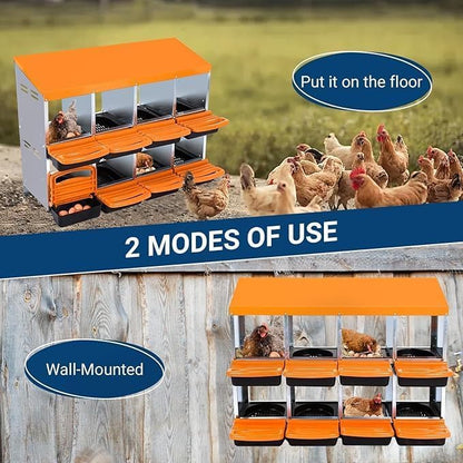 [8-Pack] Chicken Nesting Boxes for Hens - Galvanized Steel Wall Mount or Freestanding Chicken Nest, Removable Plastic Egg Tray & Ventilation Holes - Poultry Nesting Boxes for Egg Laying (Orange)