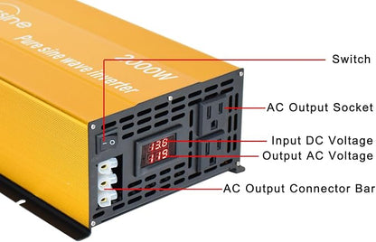 2000W Pure Sine Wave Inverter-12V DC to 110V 120V AC Power Converter with 2 AC Outlets, 12 Volt Power Inverter for Truck, Rv, Camping, Home, Emergency Power