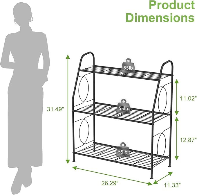 Plant Stand, 3 Tier Plant Shelf for Indoor Outdoor, Heavy Duty Metal Outdoor Plant Stand Holder Rack for Living Room Balcony and Garden, Iron Wire, Black