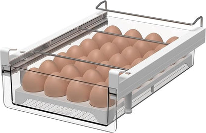 vacane Fridge 28 Egg Drawer Pull Out,Clear Egg Holder Tray for Refrigerator With Handle, Refrigerator Organizer Bins Heavy Duty-L With Egg Tray